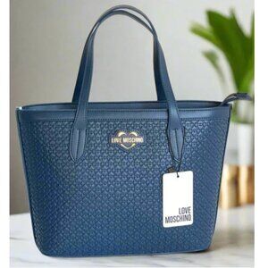 Love Moschino Valentina Small Tote Bag Blue Little Hearts Faux Leather Shopper